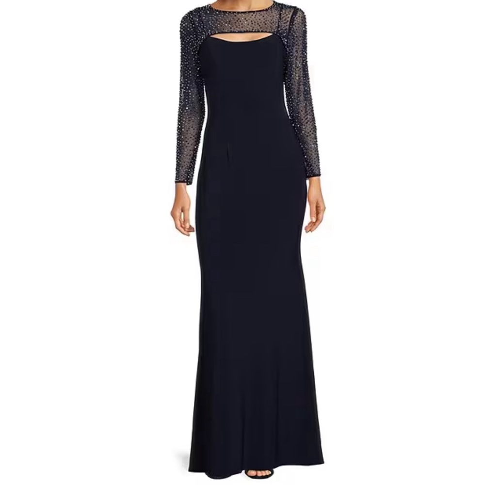 Beaded Illusion Long Sleeve Neck Cut-Out Sheath Gown